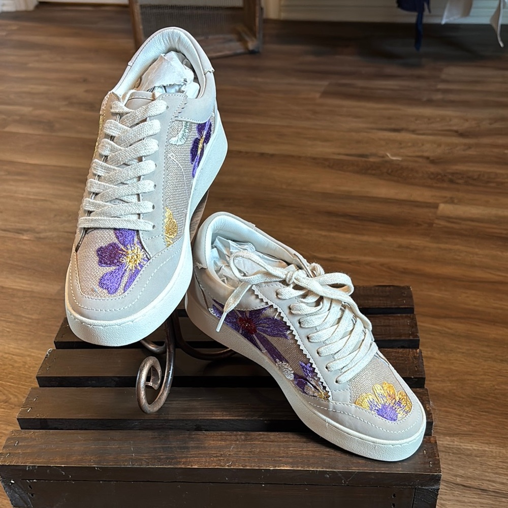 Cream and Purple Low-Top Sneakers with Artistic Flair
